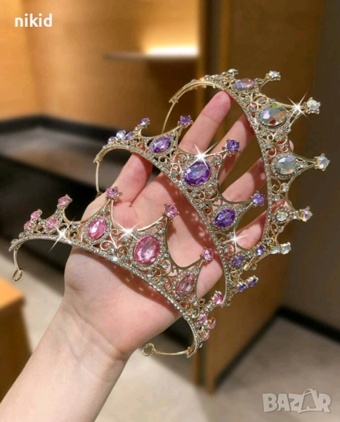 Златиста Метална с розови бели камъни елегантна корона тиара дамска детска за декор торта, снимка 1