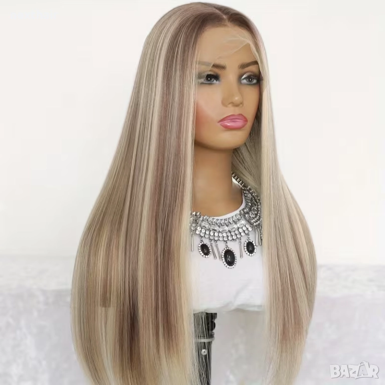 Елегантна 85 см права руса перука с кафяви акценти 13×4 дантела, снимка 1