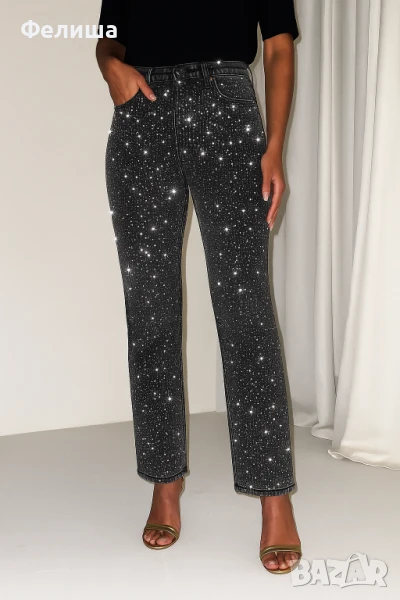 Диамантени Блестящи Тъмно Сиви Дънки с Фасетирани Сребристи и Черни Камъчета, снимка 1