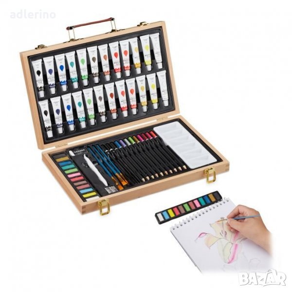 Комплект за рисуване, маслени бои, 56 елемента, професионален комплект за рисуване, в дървен къфар, снимка 1