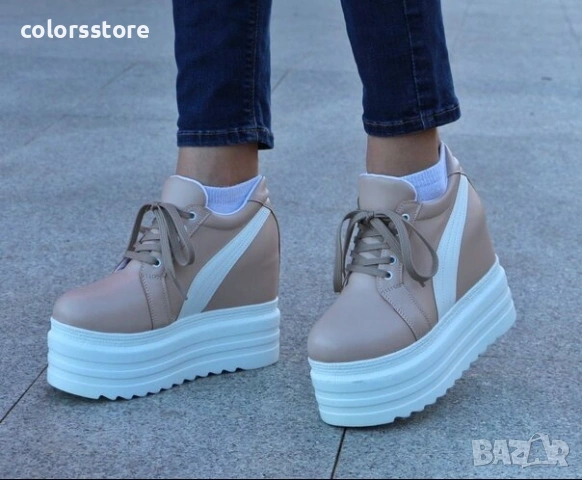 Кецове на платформа - бежови с бяла лента - SJN56