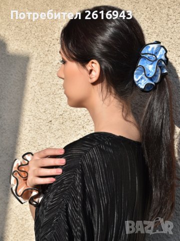 Сатенено скрънчи "РОЗА" с уникален дизайн в синьо, снимка 4 - Аксесоари за коса - 38829554