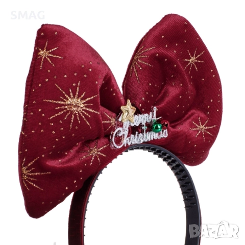 Коледна диадема бордо с панделка и звънчета Merry Christmas_1255087, снимка 2 - Шноли, диадеми, ленти - 52691044