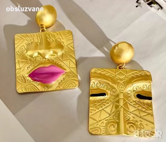Висящи позлатени обеци Лица, снимка 1