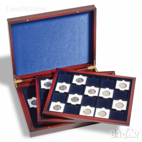  луксозна дървена кутия за съхранение на монети в картончета и капсули