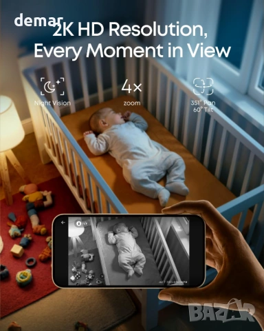 Бебефон eufy C10 с 2K HD камера, 4.5" 480p дисплей, 4× увеличение, снимка 2 - Бебефони - 53383441