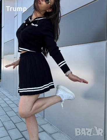 Хит!  Комплект градски шик от пола и скъсена жилетка, фино претиво, цвят черно