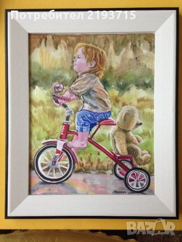 Момченце с колело и мече, снимка 1 - Картини - 27007063