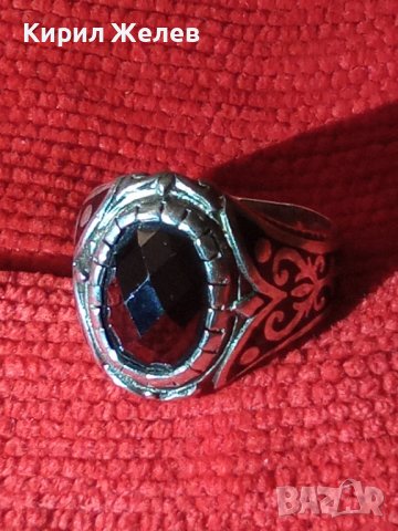 СТАР АНГЛИЙСКИ СРЕБЪРЕН ПРЪСТЕН СРЕБРО 925 НИЕЛО ОРНАМЕНТИКА с ЧЕРЕН АХАТ ФАСЕТИРАН 22279
