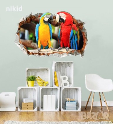 3d Красиви папагали дупка стена самозалепващ стикер лепенка, снимка 1 - Други - 27508192