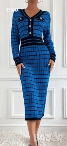Елегантна рокля, Ефектна рокля каре, Синя рокля каре, Жълта рокля каре, снимка 4 - Рокли - 43231747