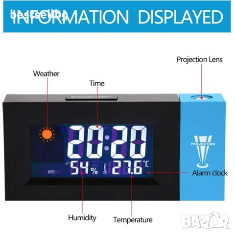 Електронен часовник проектор светещ на тавана термометър аларма влага, снимка 4 - Други - 40573071