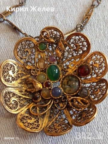 ВИНТИДЖ ФИЛИГРАННО КОЛИЕ ЦВЕТЕ с ЦВЕТНИ КАМЪНИ АХАТ УНИКАТ 34796, снимка 3 - Колиета, медальони, синджири - 52501083