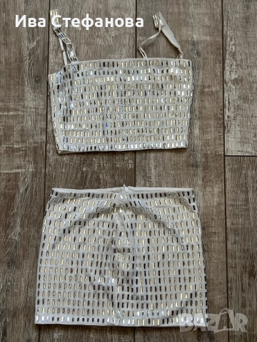 Нов бял еластичен елеганен парти официален коктейлен сет блестящи камъни диаманти цирконий, снимка 9 - Костюми - 51472468