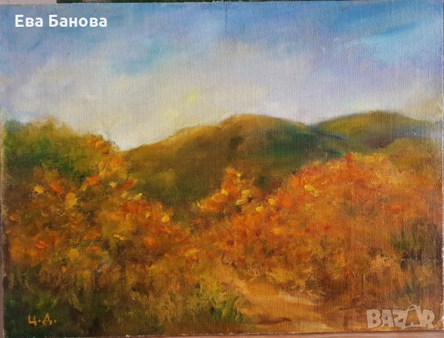 Есенен пейзаж с маслени бои и рамка Цветан Добрев Витоша, снимка 2 - Картини - 27264570