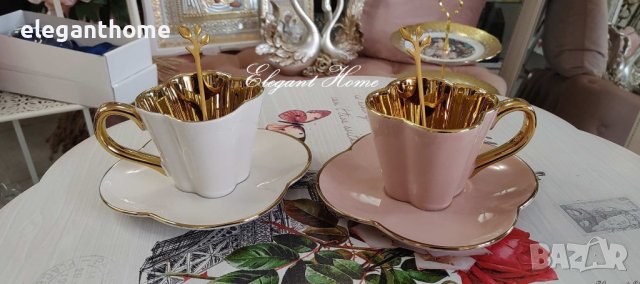 Елегантен комплект за чай/kaфе -Цвят пепел от рози със златно, снимка 2 - Чаши - 37680532