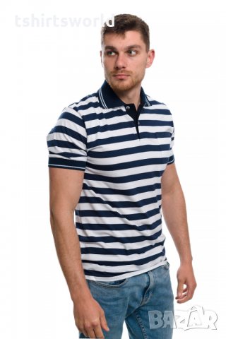Нова мъжка моряшка блуза на тъмносиньо и бяло райе с яка и копчета, снимка 2 - Блузи - 27950574