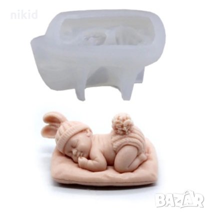 3D бебе с плетени заешки уши шапчица и гащички опашле на възглавница силиконов молд фондан гипс, снимка 1 - Форми - 18545629