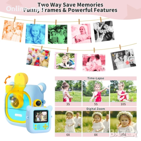 Детска камера с принтер и 180° въртящ се обектив – Образователна камера за деца с игри, 32GB карта и, снимка 6 - Фотоапарати - 53244132