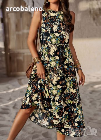 Пролетна и лятна свободна празнична рокля с многослоен принт с деколте, 5цвята, снимка 9 - Рокли - 44106385