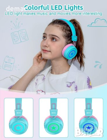 Детски Bluetooth слушалки RIYO с цветни LED светлини, ментово зелено, снимка 4 - Bluetooth слушалки - 43585178