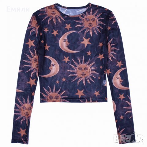 Прозрачна блуза с щампа на луна и слънце р-р S , снимка 1 - Блузи с дълъг ръкав и пуловери - 33292411