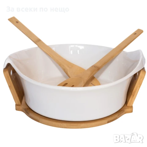 Керамична купа за салата с бамбукови прибори и стойка Код P837