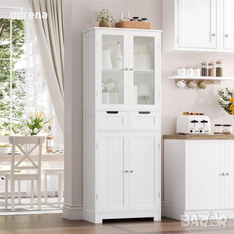 Висок шкаф за баня, стъклена врата и рафтове, 2 чекмеджета, бял, снимка 3 - Бюфети - 53145158