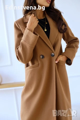 Дамско дълго елегантно бежово палто с класическа кройка, снимка 3 - Якета - 51368365