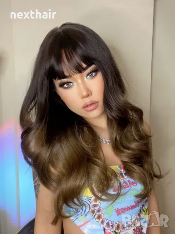 Кафява омбре перука два тона с бретон, снимка 6 - Аксесоари за коса - 48773330