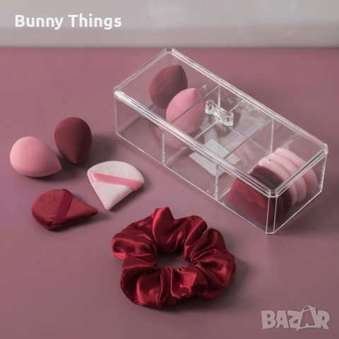 Комплект за красота със scrunchie и гъби за грим, прозрачна кутия с капак 22.5x9.5x7cm- Нова, снимка 2 - Други - 53412315