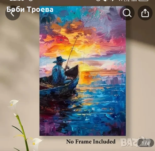 Живописен Абстрактен Крайбрежен Залез с Лодки, Модерна Импресионистична Картина, снимка 2 - Картини - 50980858