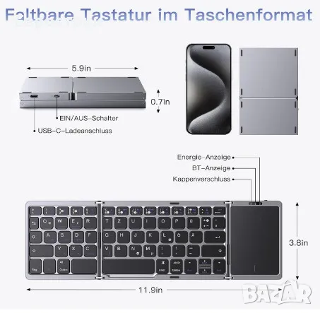 Сгъваема клавиатура OMOTON KB568, безжична акумулаторна Bluetooth клавиатура с тъчпад, 3 Bluetooth , снимка 2 - Клавиатури и мишки - 50179770