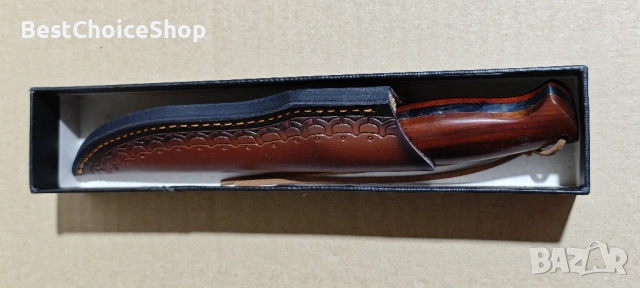 Goodchef Нож за лов D2 с дамаска шарка ергономична дръжка от розово дърво – Кожена кания, снимка 4 - Ножове - 53095996