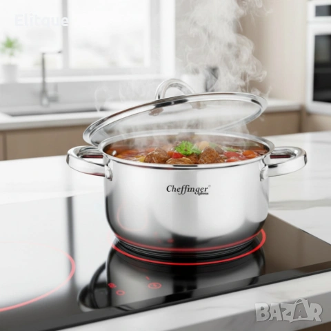 Тенджера от неръждаема стомана Cheffinger с индукционно дъно и стъклен капак, снимка 2 - Съдове за готвене - 53179280