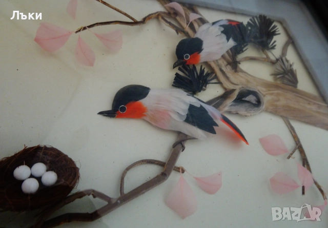 Стара диорама от пера Птици с гнездо,рамка. , снимка 4 - Антикварни и старинни предмети - 51990046