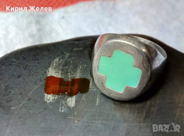 СТИЛЕН СРЕБЪРЕН ПРЪСТЕН СРЕБРО 925 с КРЪСТООБРАЗЕН ЗЕЛЕН ЕМАЙЛ РЪЧНА АРТ РАБОТА 49997, снимка 2 - Пръстени - 50024179