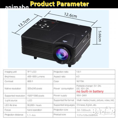 ANIMABG Мултимедиен мини LED проектор, снимка 2 - Плейъри, домашно кино, прожектори - 31842142