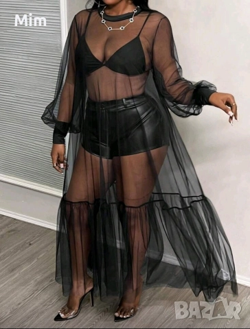 L Ефирна дълга черна рокля с дълъг ръкав , снимка 2 - Рокли - 52952233