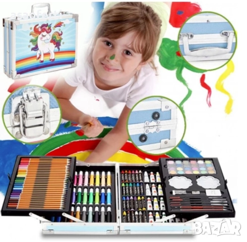 🦄 Детски Комплект за Рисуване (145 Части) в Куфар – Пастели, Моливи, Маркери и Бои
