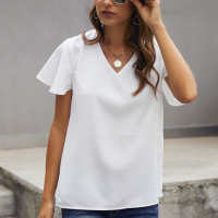 Дамска блуза в бял цвят с V-образно деколте и къси ръкави, снимка 3 - Други - 44862422