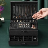 Луксозна кутия за бижута с ключ за заключване и много отделения, черна, снимка 2 - Други - 43899506