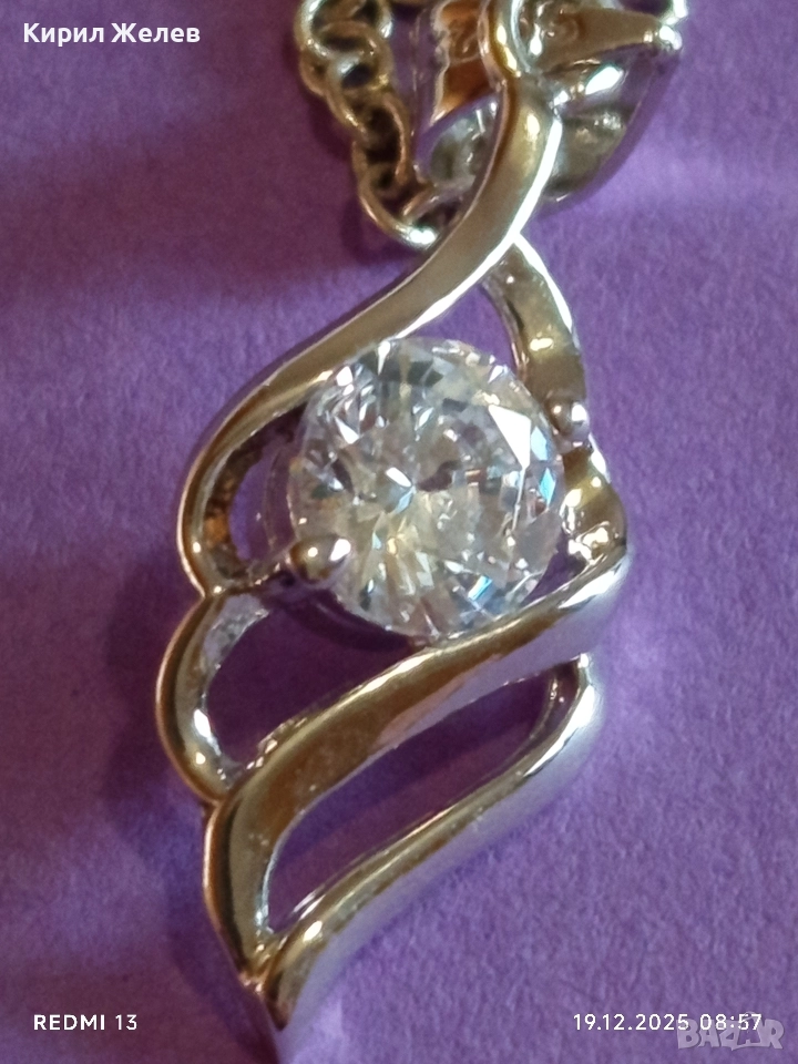 Сребърно колие с висулка с абстрактен дизайн и диамант финно много красиво Бижу 27268, снимка 1