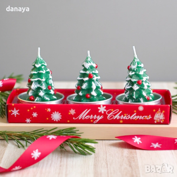 6138 Коледни чаени свещи Елхички, 3 броя, снимка 1