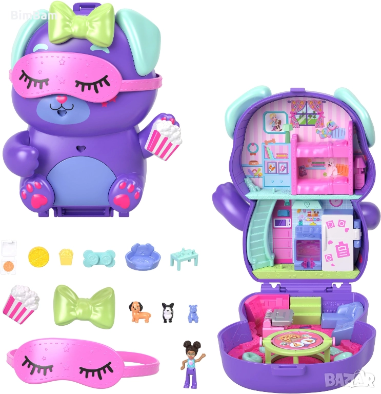 Игрален комплект Polly Pocket с аксесоари в чантичка - Кучешко пижамено парти, снимка 1