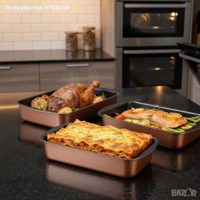 Комплект от 3 тави за печене Cheffinger с незалепващо покритие – различни размери, меден цвят, снимка 1