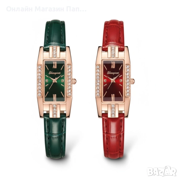 Дамски часовник с правоъгълен циферблат – Кварцов механизъм и кожена каишка (Червена/Зелена), снимка 1