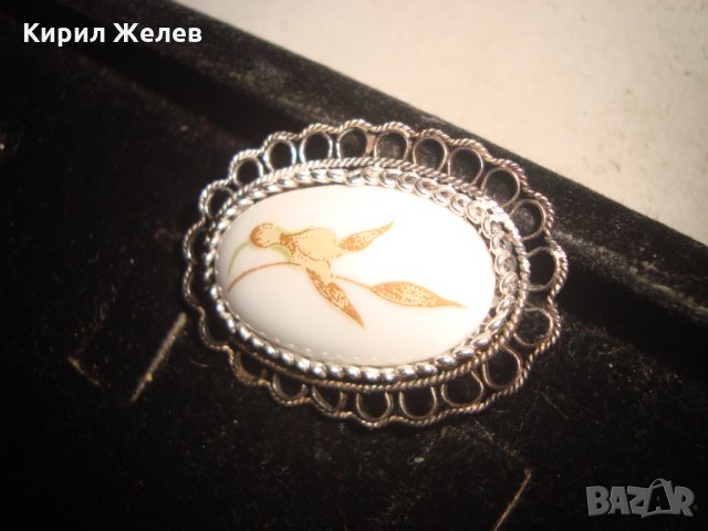 СРЕБЪРНА ФИЛИГРАННА ПОРЦЕЛАНОВА РЪЧНО РИСУВАНА РЕТРО БРОШКА АРТ НУВО 20715