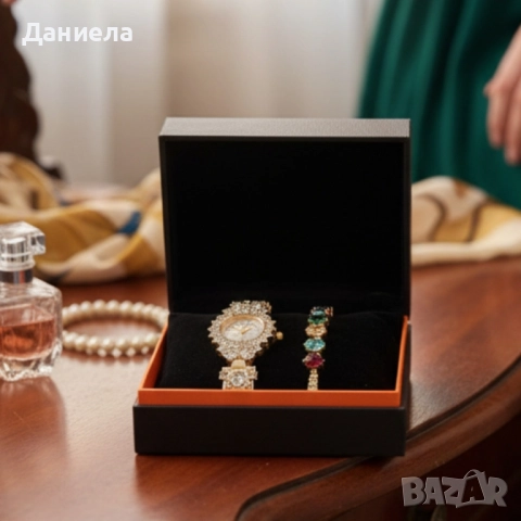 Луксозен дамски комплект – часовник с кристали + гривна с многоцветни камъни, снимка 4 - Дамски - 51964702