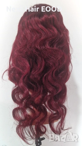 Естествена бразилска перука 75 см - тъмно червена, чуплива, дантелена зона 13x6, снимка 3 - Аксесоари за коса - 53294762